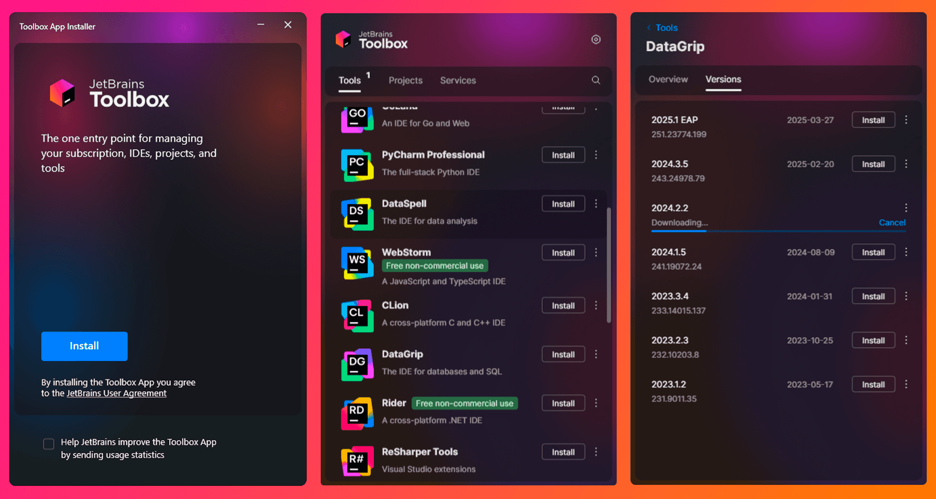 Процесс установки, через Toolbox App
